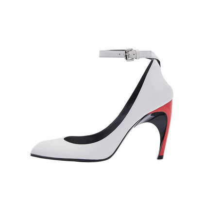 Aria Sculptural Ankle-Strap Pointed-Toe Leather Pumps