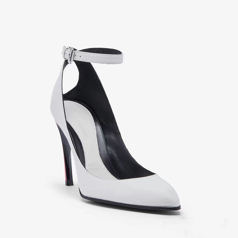 Aria Sculptural Ankle-Strap Pointed-Toe Leather Pumps