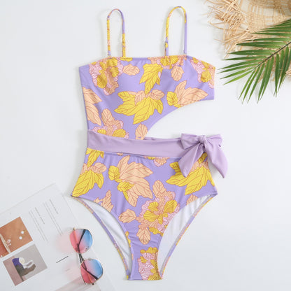 Lilac Bloom Cutout Swimsuit & Chiffon Sarong Set