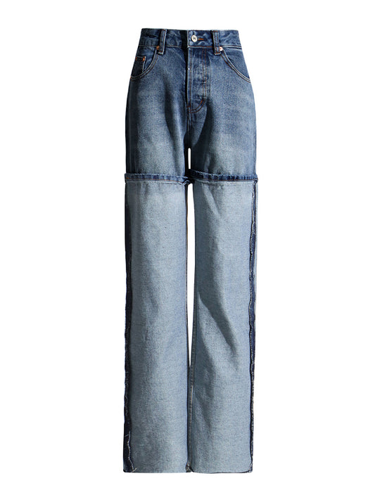 High Waisted  Wide Leg  Jean Pants with Contrasting Denim Materials