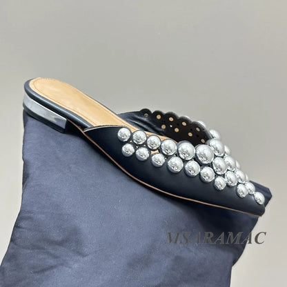 Aurora Silver-Studded Pointed-Toe Mule Flats