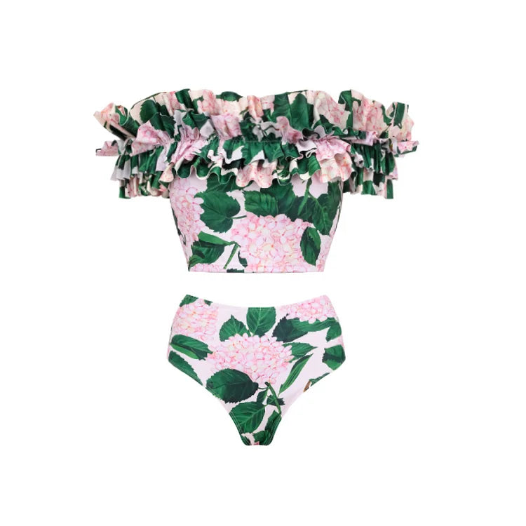 Hydrangea Print Ruffle Bikini & Maxi Skirt Set