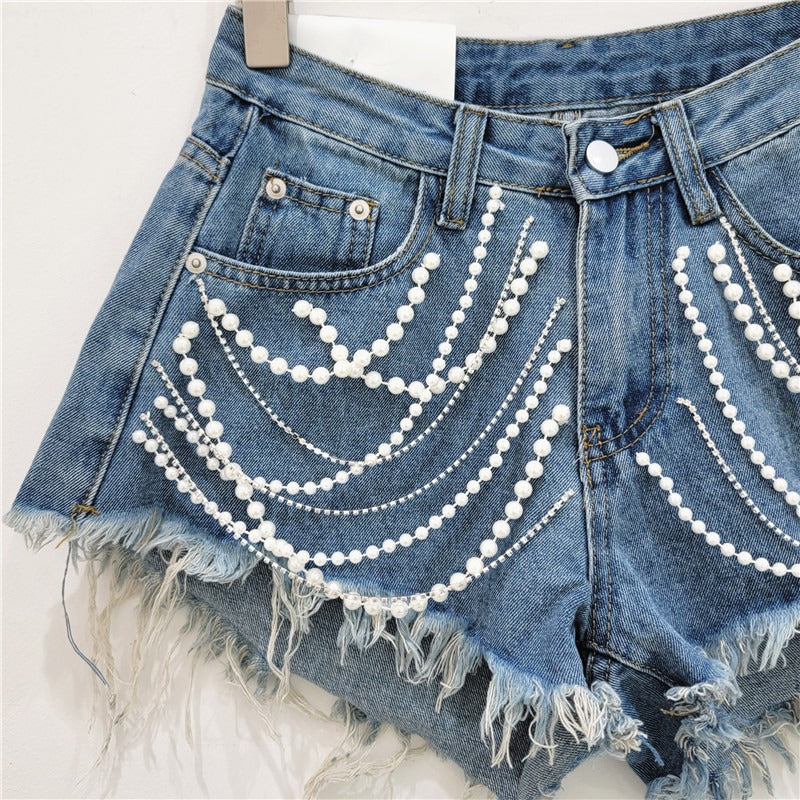 High waisted  Denim Short Shorts  With Beaded Rhinestone