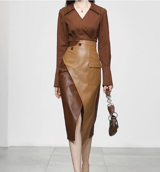 New Women's Two-Piece Brown Shirt Shirt +  Faux Leather Long Skirt in Two Tones