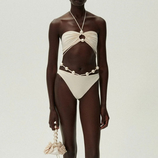 Pearl Accent Cut-Out Bikini Set – Ivory Elegance