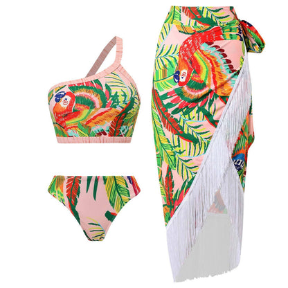 Three-piece Set of Retro Style Print Swimsuits Paired with a Matching Sarong in Multiple Designs