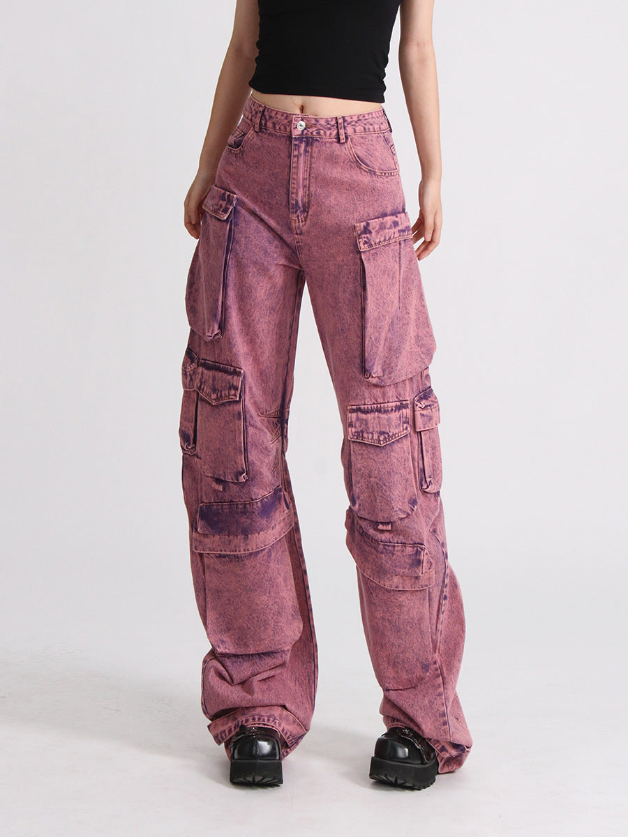 Acid-Wash Pink Utility Cargo Jeans