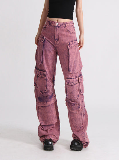 Acid-Wash Pink Utility Cargo Jeans