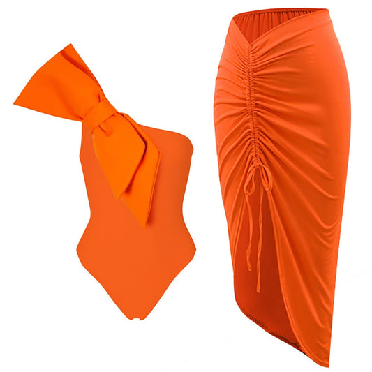 Tangerine Luxe One-Shoulder Swimsuit & Ruched Skirt Set