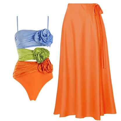 Floral Bloom One Shoulder Swimsuit & Sarong Set – Tropical Orange