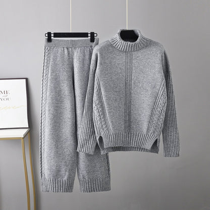 Two-Piece High Neck Knot Pullover and Matching Loose  Wide Leg Pants, Multiple  Colors