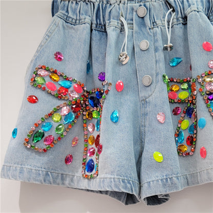Rainbow Gem Embellished Denim Shorts – Sparkle That Slays