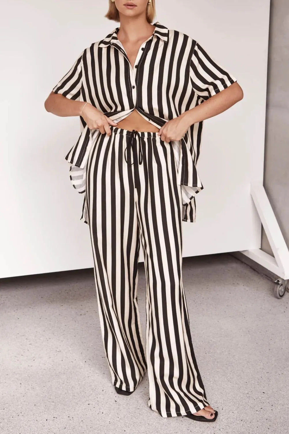 Black & White Vertical Stripe Two‐Piece Lounge Set
