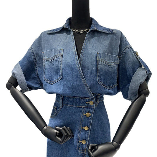 Stylish V-neck retro design denim dress for women