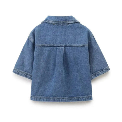 Cropped V-Neck Denim Shacket with Oversized Patch Pockets