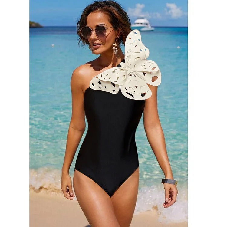 Statement  3D Butterfly Bow One-Piece Swimsuit & Black Ruffle Wrap Skirt