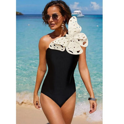 Statement  3D Butterfly Bow One-Piece Swimsuit & Black Ruffle Wrap Skirt
