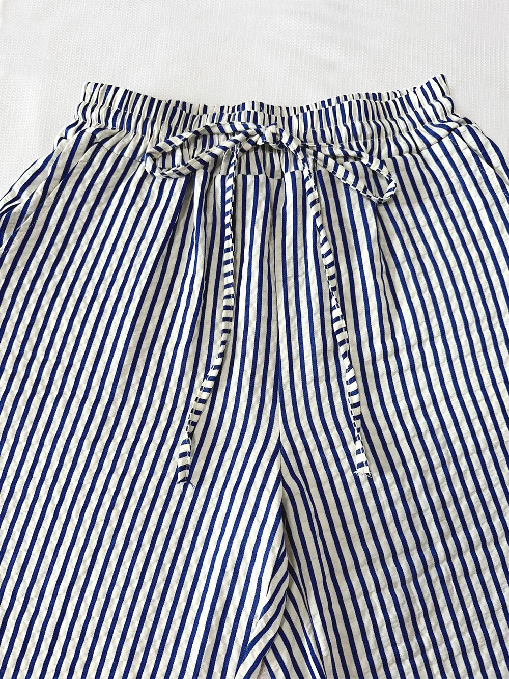 Striped Drawstring Wide-Leg Lounge Pants – Vertical Blue, Tan, & Black Stripe