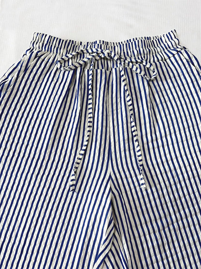 Striped Drawstring Wide-Leg Lounge Pants – Vertical Blue, Tan, & Black Stripe