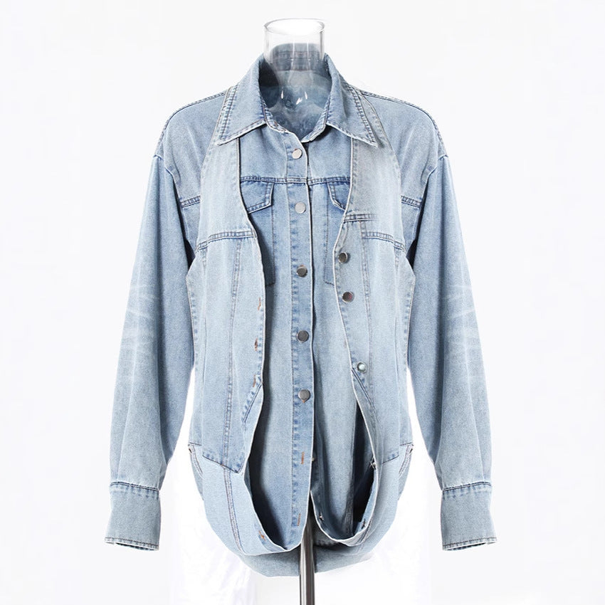 Modular Deconstructed Denim 3-in-1 Set (Oversized Trucker Jacket + Halter Corset Vest + Maxi Skirt)