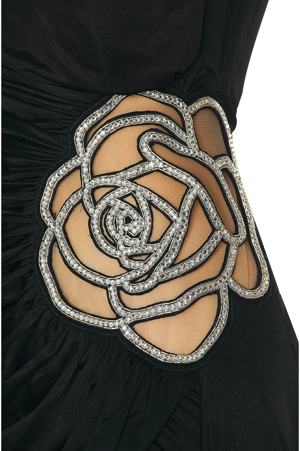 Elegant Black Asymmetrical Draped Mini Dress with Floral Embellishment
