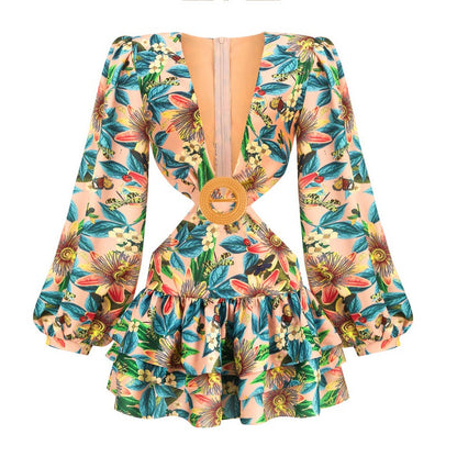 Sexy Women's Floral Deep V-Neck Sleeves Dress with Cutt-offs Designs