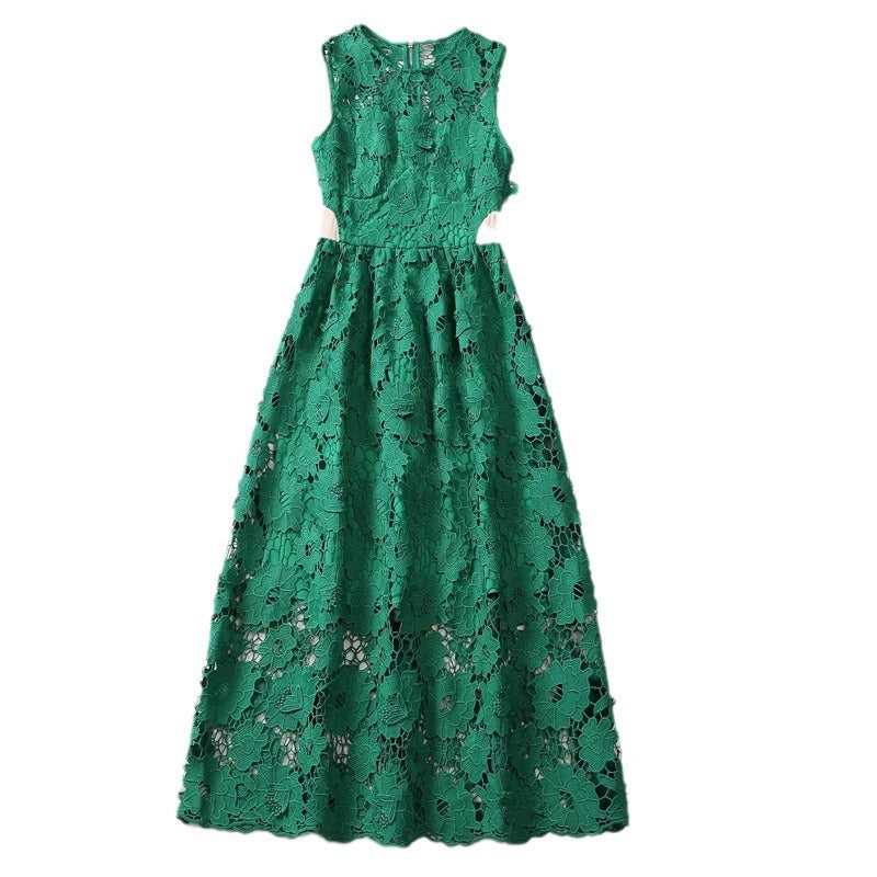 Beautiful Green Mid Length Lacy Dress  With Sides Cut Outs