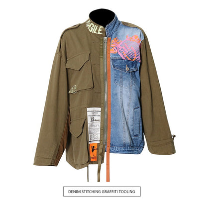 Street Style Mixed Denim Color Blocking Long Sleeved Jacket for Women