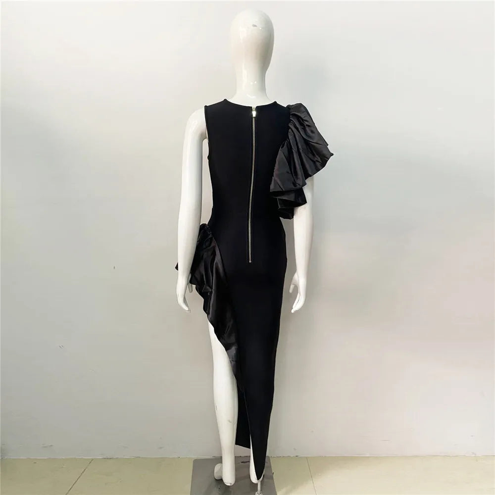 Stylish Ruffle Edge Elastic Slim Fit Black Evening Dress