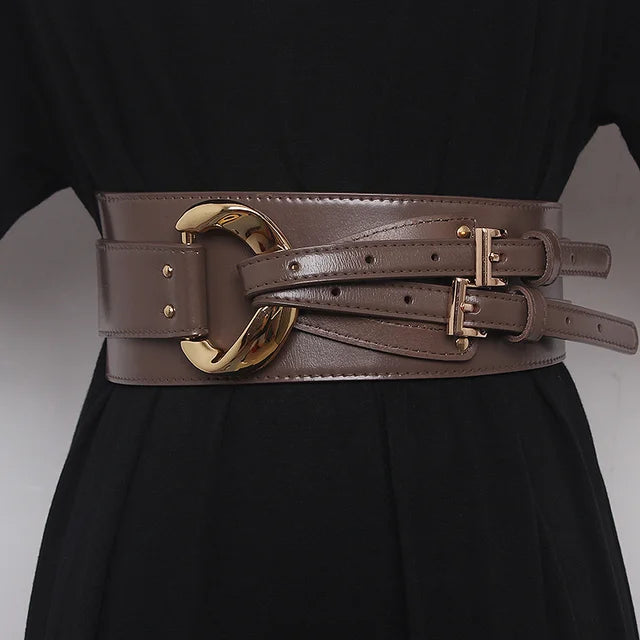 Double Buckle Waist Belt in Black, Coffee, Dark Grey, Caramel, and Apricot – Bold, Chic, and Figure-Flattering