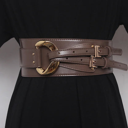 Double Buckle Waist Belt in Black, Coffee, Dark Grey, Caramel, and Apricot – Bold, Chic, and Figure-Flattering