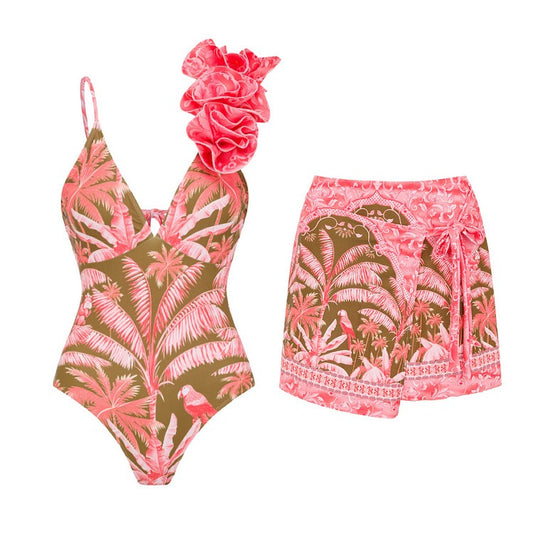 Palm Paradise One-Piece Swimsuit & Wrap Shorts Set