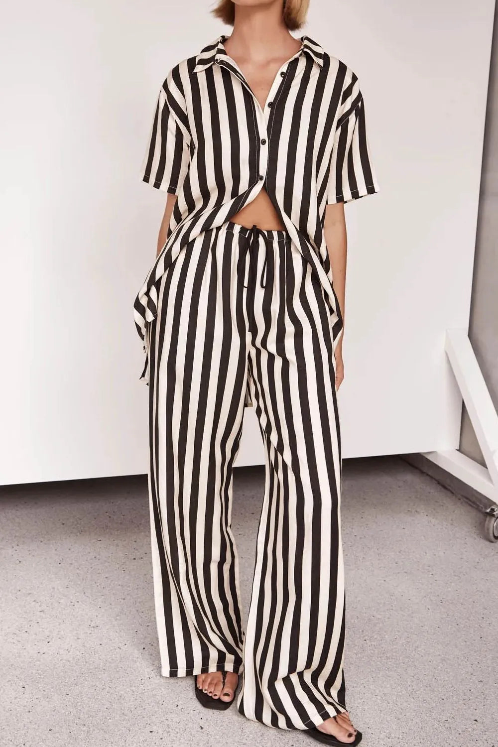 Black & White Vertical Stripe Two‐Piece Lounge Set