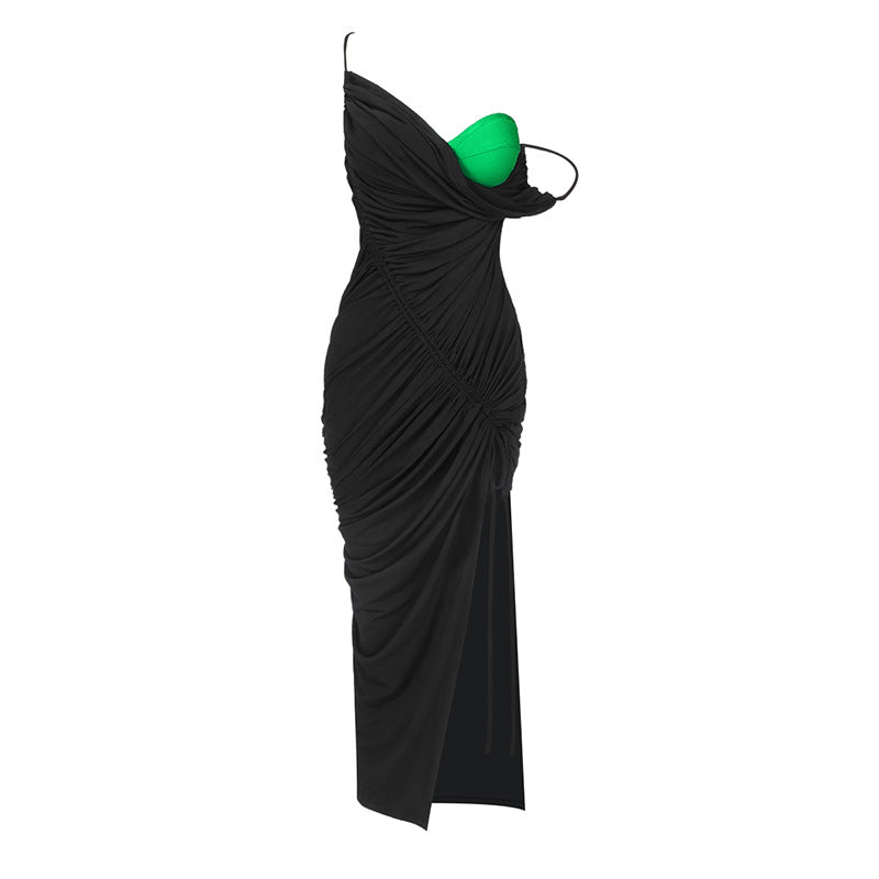 Black Sling Colorblock Dress Knit Bandage Evening Dress Winter Fashion for Women