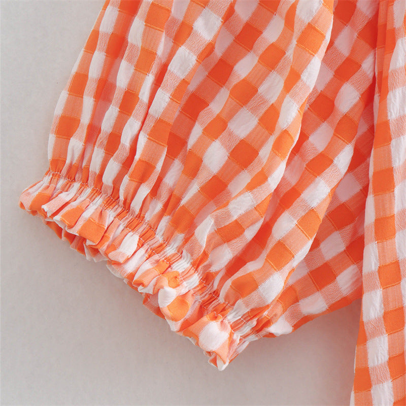 Orange Gingham Puff Sleeve Dress – Sun-Kissed & Effortless