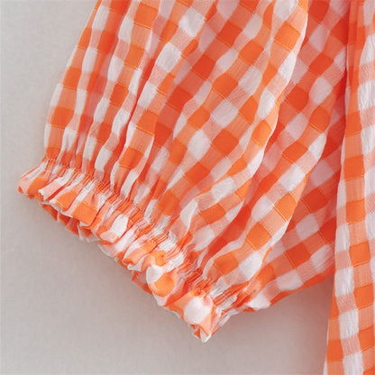 Orange Gingham Puff Sleeve Dress – Sun-Kissed & Effortless
