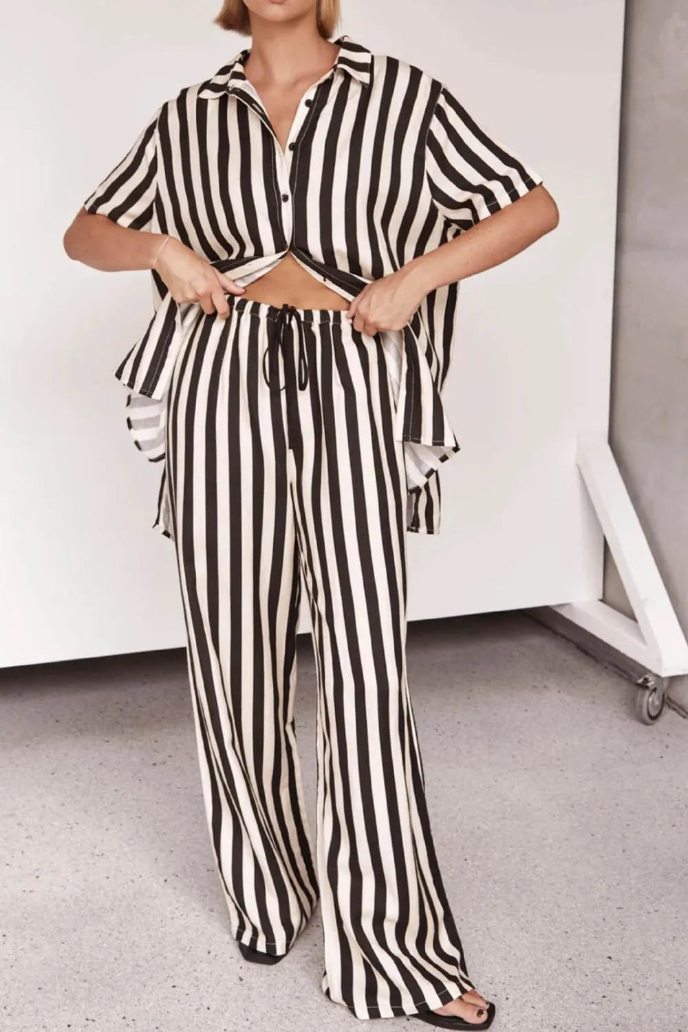 Black & White Vertical Stripe Two‐Piece Lounge Set