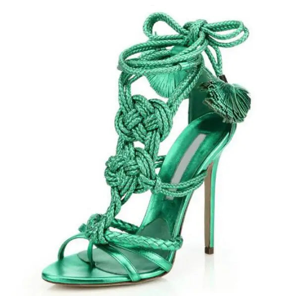 Knotted Tassel Lace-Up Stiletto Sandals