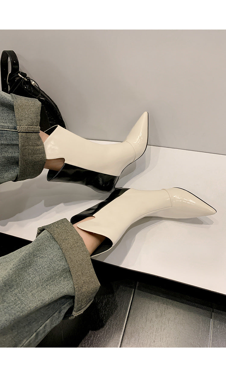 Two-Tone Chic Patent Leather Mid-Heel Boots