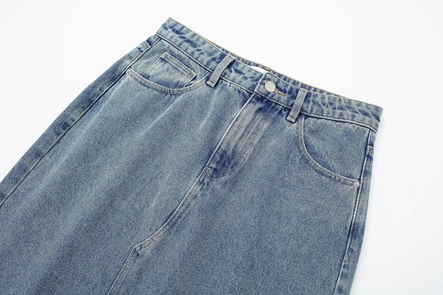 Women's Washed Blue Denim Skirt with Stylish Assymetric Torn Hemline