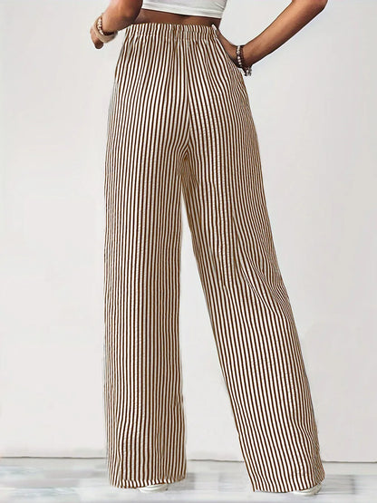 Striped Drawstring Wide-Leg Lounge Pants – Vertical Blue, Tan, & Black Stripe