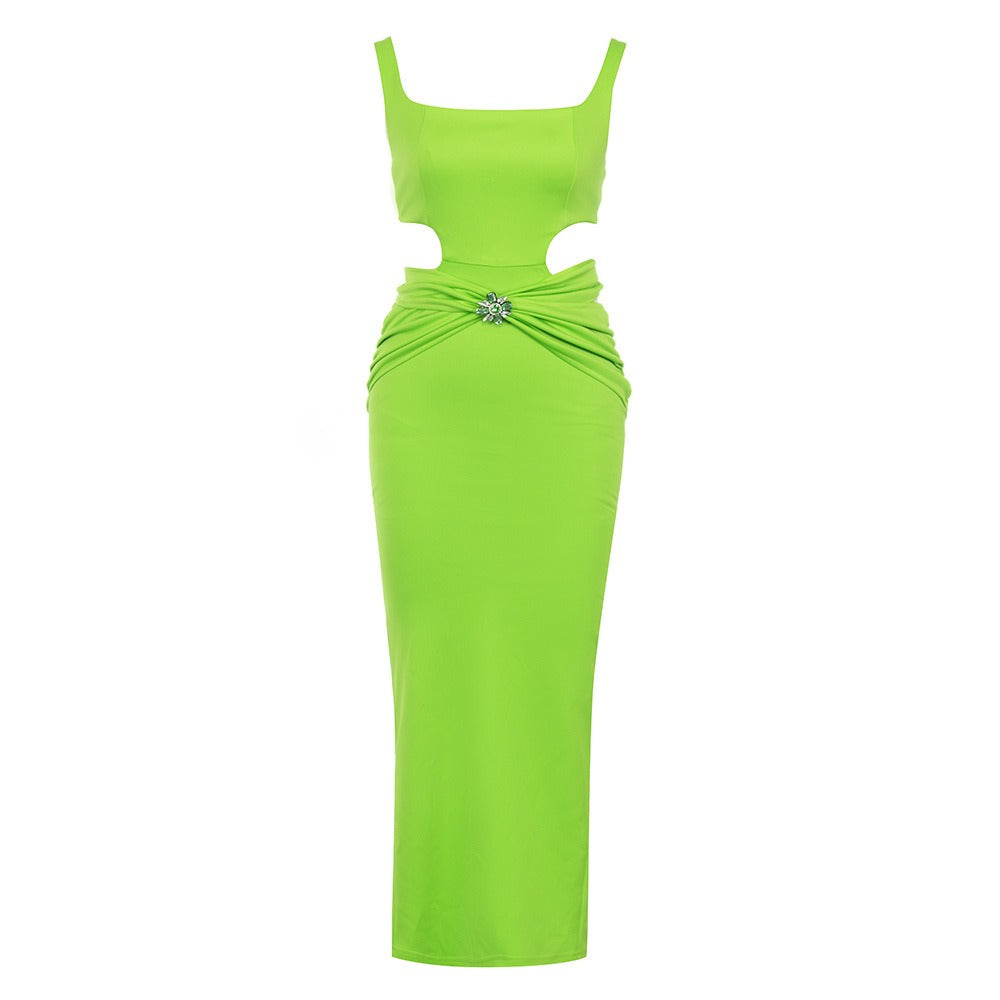 Elegant Florescent Green Figure Hugging Stretchy Dress With Side Cut-outs