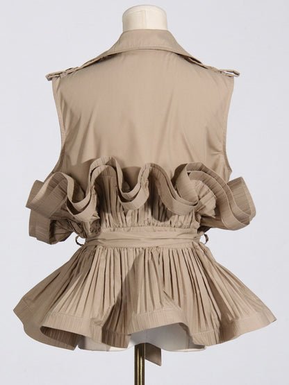 Elegant High Fashion V-neck  Sleeveless Khaki  Pleated Shirt