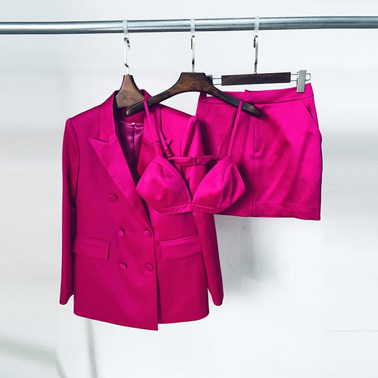 Stylish Bright Satin Double Breasted Loose Fitting Suit with Bra Top and  Short skirt