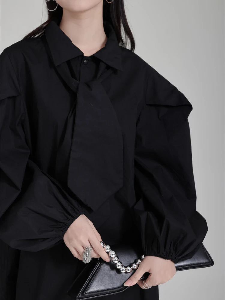 Stylish Shirt Dress for Women With Oversized Tie and Puff Sleeves, Available in Black and White