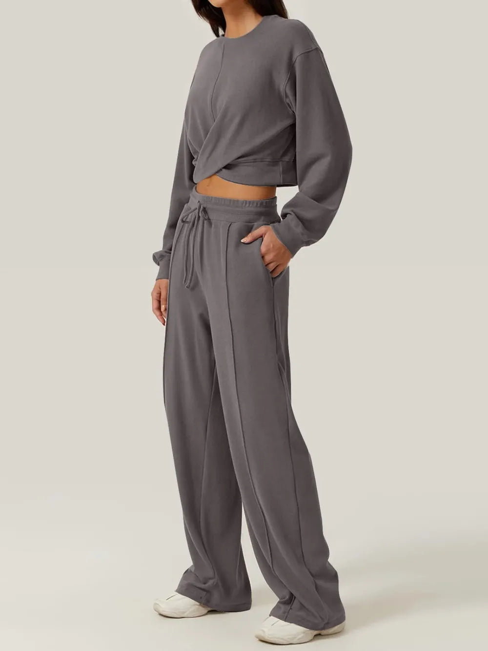 Twist-Front Pastel Knit Lounge Set – Cozy Crewneck Sweater & Drawstring Wide-Leg Pants