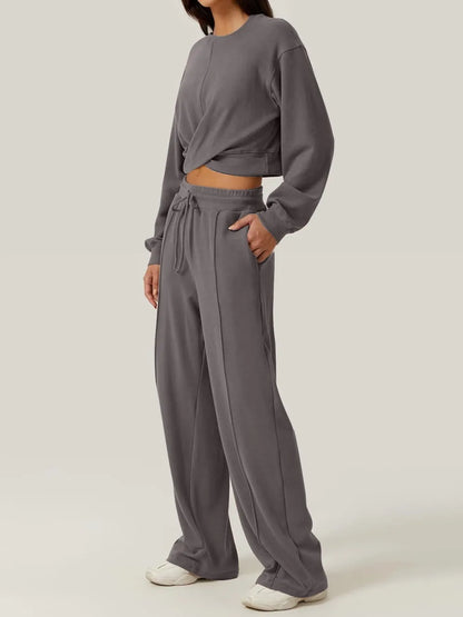 Twist-Front Pastel Knit Lounge Set – Cozy Crewneck Sweater & Drawstring Wide-Leg Pants