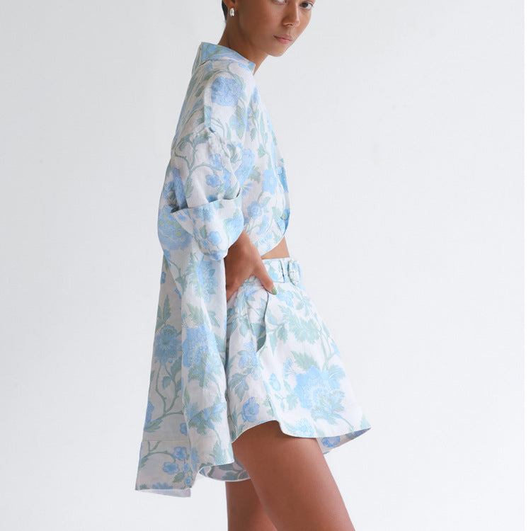 Matching Two-Piece Set of Floral Loose Long Shirt + High Waist Shorts