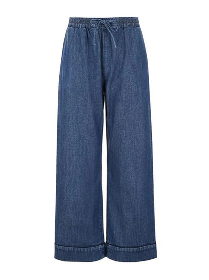 Denim Feather-Cuff Blazer & Wide-Leg Drawstring Pants Set