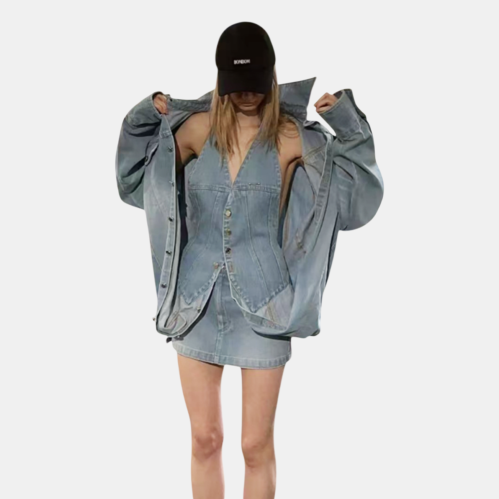Modular Deconstructed Denim 3-in-1 Set (Oversized Trucker Jacket + Halter Corset Vest + Maxi Skirt)